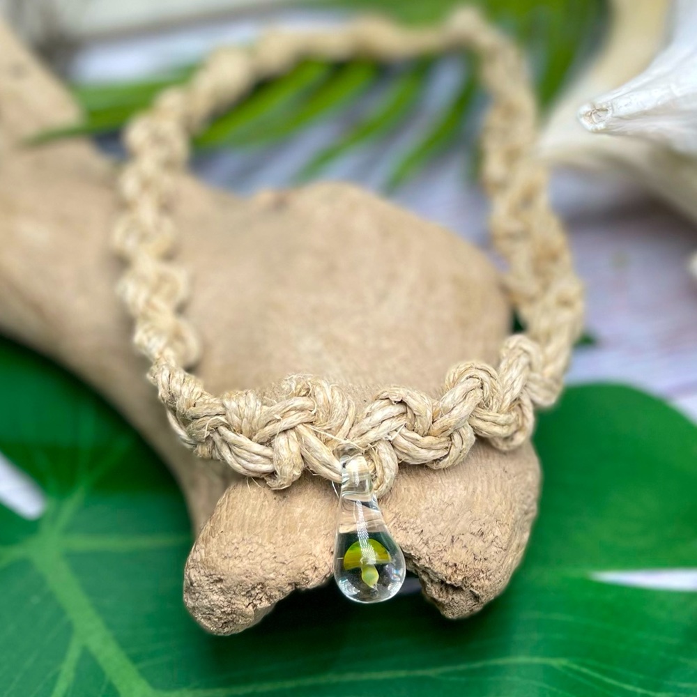 NWT Large Thick Hemp W Glass Pendant w Green Mushroom Hippie Surfer UNISEX